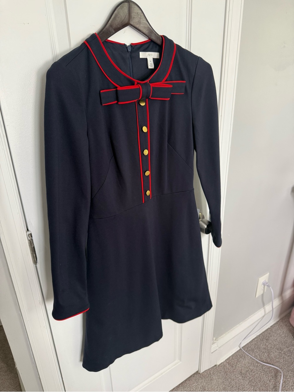 1901 Navy Dress with Red Trim and Bow